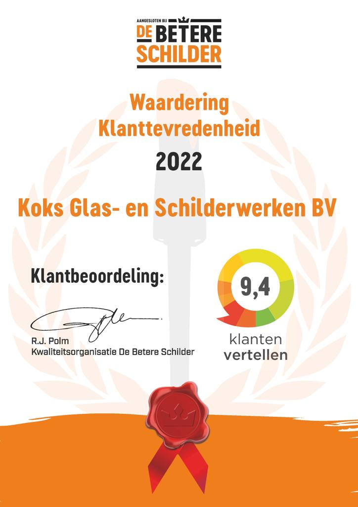 De Betere Schilder Klanttevredenheids Award 2022 - Koks Glas en Schilderwerken B.V.